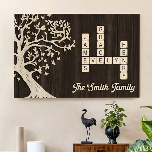 Family Crossword Poster - Custom Tree Wall Art, Warm Wood Look, A Unique Gift for Mom, Dad & Grandparents