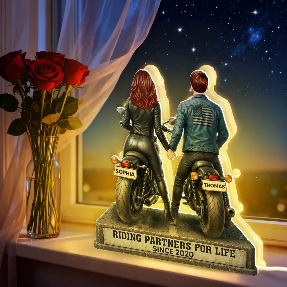 Riding Partners for Life Acrylic Light Box, Custom Motorcycle Couple Night Light with Warm Glow, Sentimental Gift