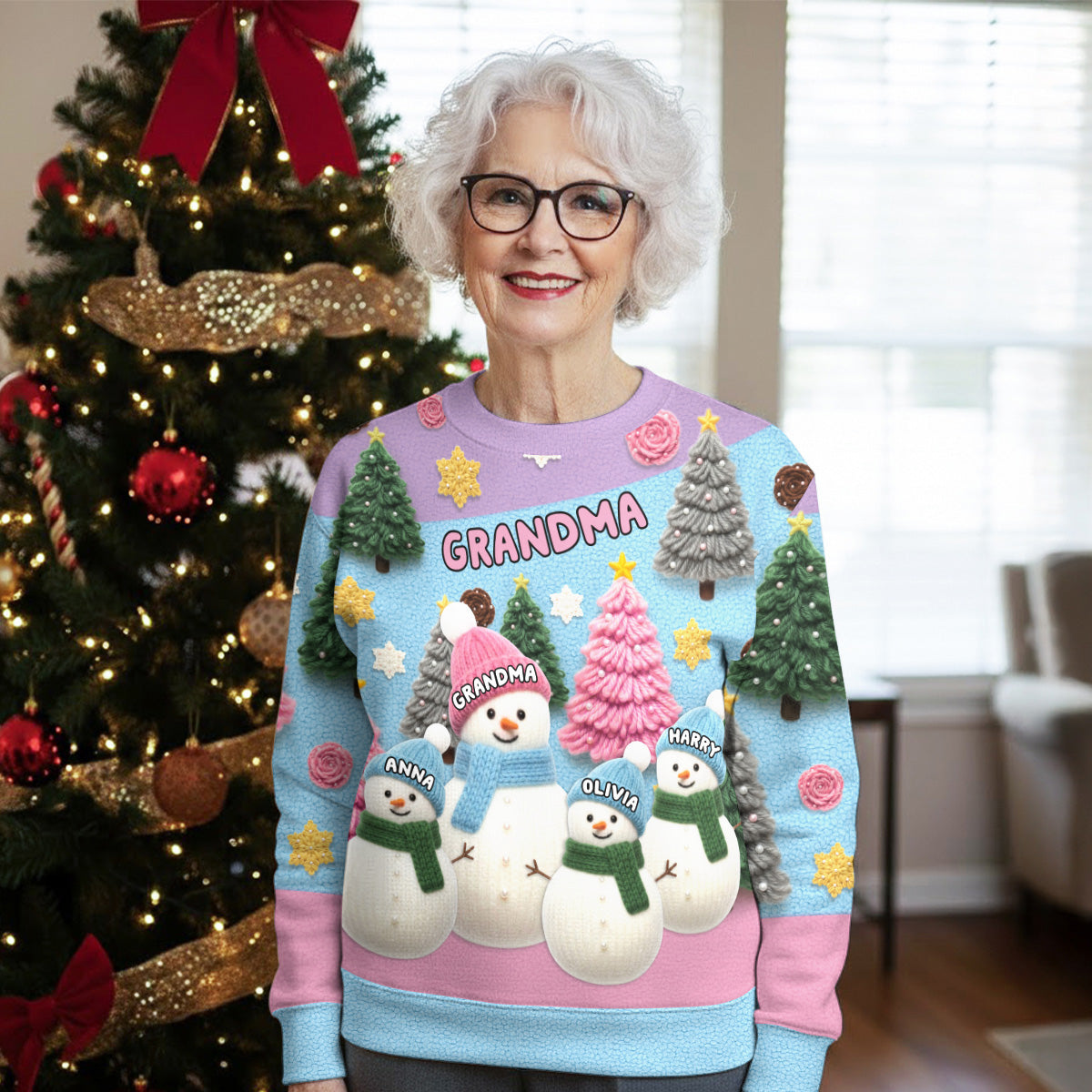 Printed Sweatshirt with Snowman Family All-Over Print, Christmas Trees, pastel winter vibe, a unique gift for Grandma