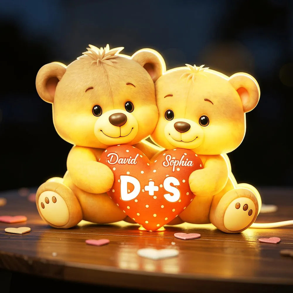 Personalized Acrylic Light Box Cute Bear Couple Holding a Heart Bedroom Lamp with Warm Glow Unique Gift for Couples