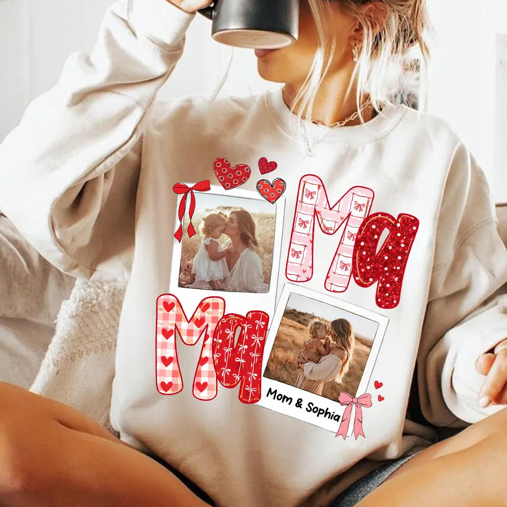 Custom Mama Classic Tee with Mom and Child Hugging Photos Red Valentine Style Hearts A Heartwarming Unique Gift