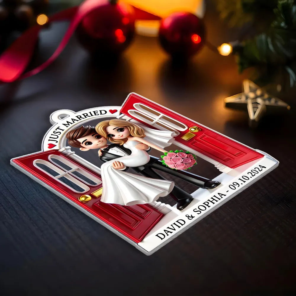 Personalized Acrylic Just Married Couple Ornament | Red Doorway Bride & Groom Carry | Customizable Date & Names