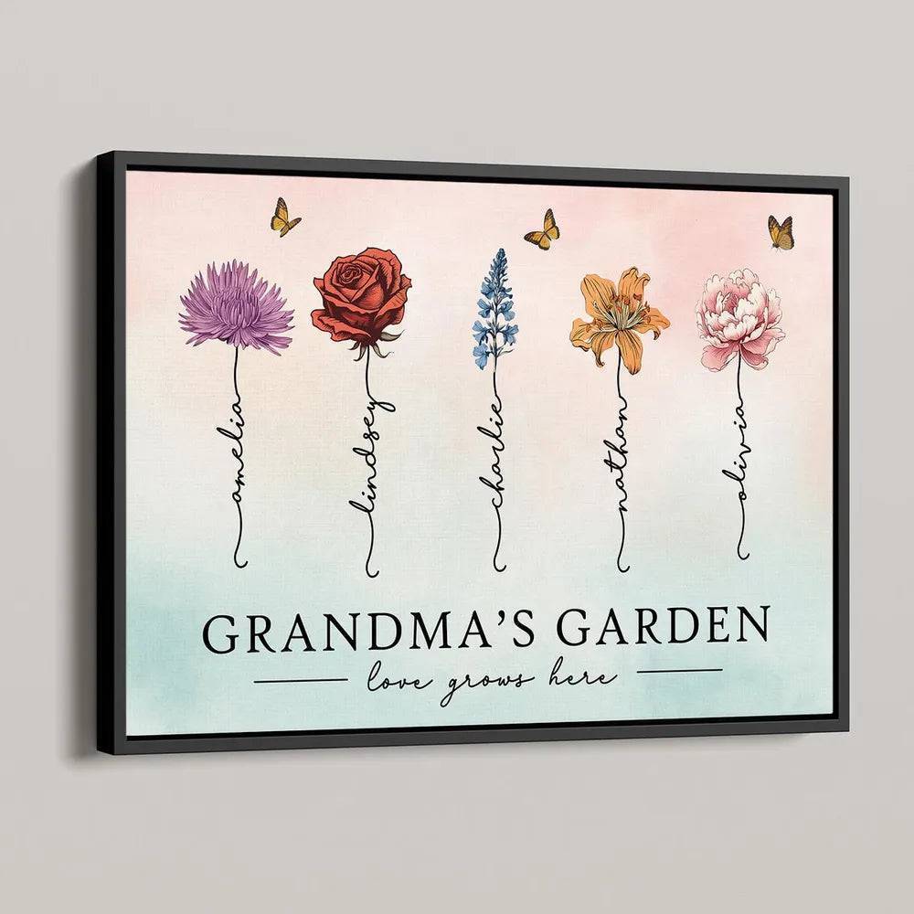 Grandma's Garden Love Grows Here Beautiful Birth Month Flower Gift For Grandma Mom Personalized Cup or Poster or Canvas, Keychain, Plaque, Wallet Card, Pillow
