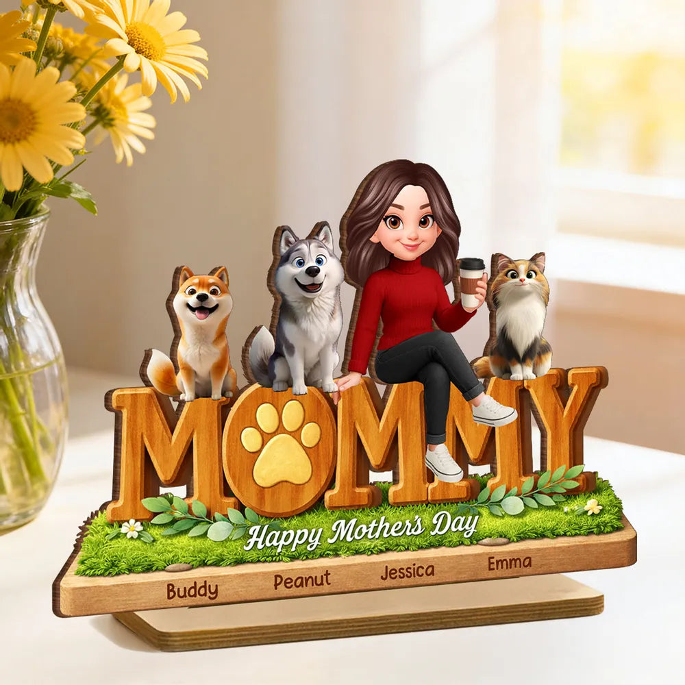 Personalized 2-Layer Wooden Plaque for Dog Mom and Cat Mom, Happy Mother's Day Mommy Design, Unique Gift for Her
