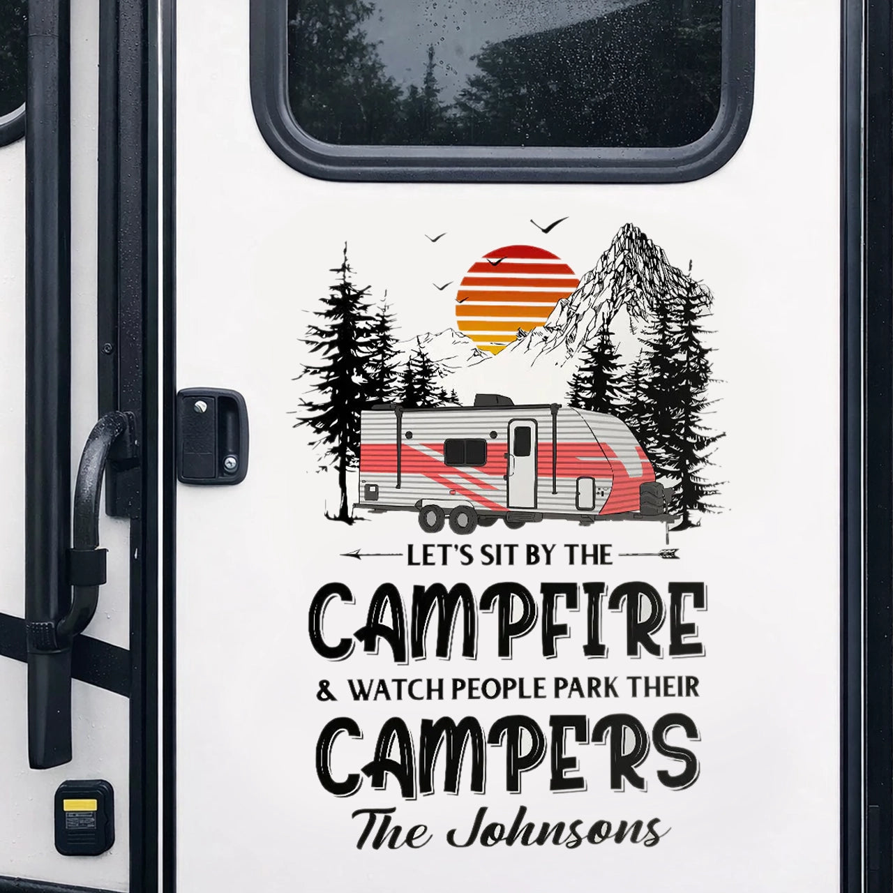 Personalized Sticker Decal RV Campfire Quote with Sunset Mountains, Unique Camping Gift for Camper Families