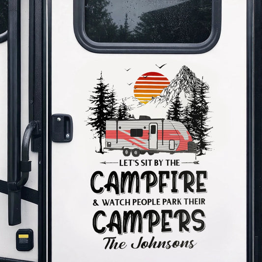 Personalized Sticker Decal RV Campfire Quote with Sunset Mountains, Unique Camping Gift for Camper Families