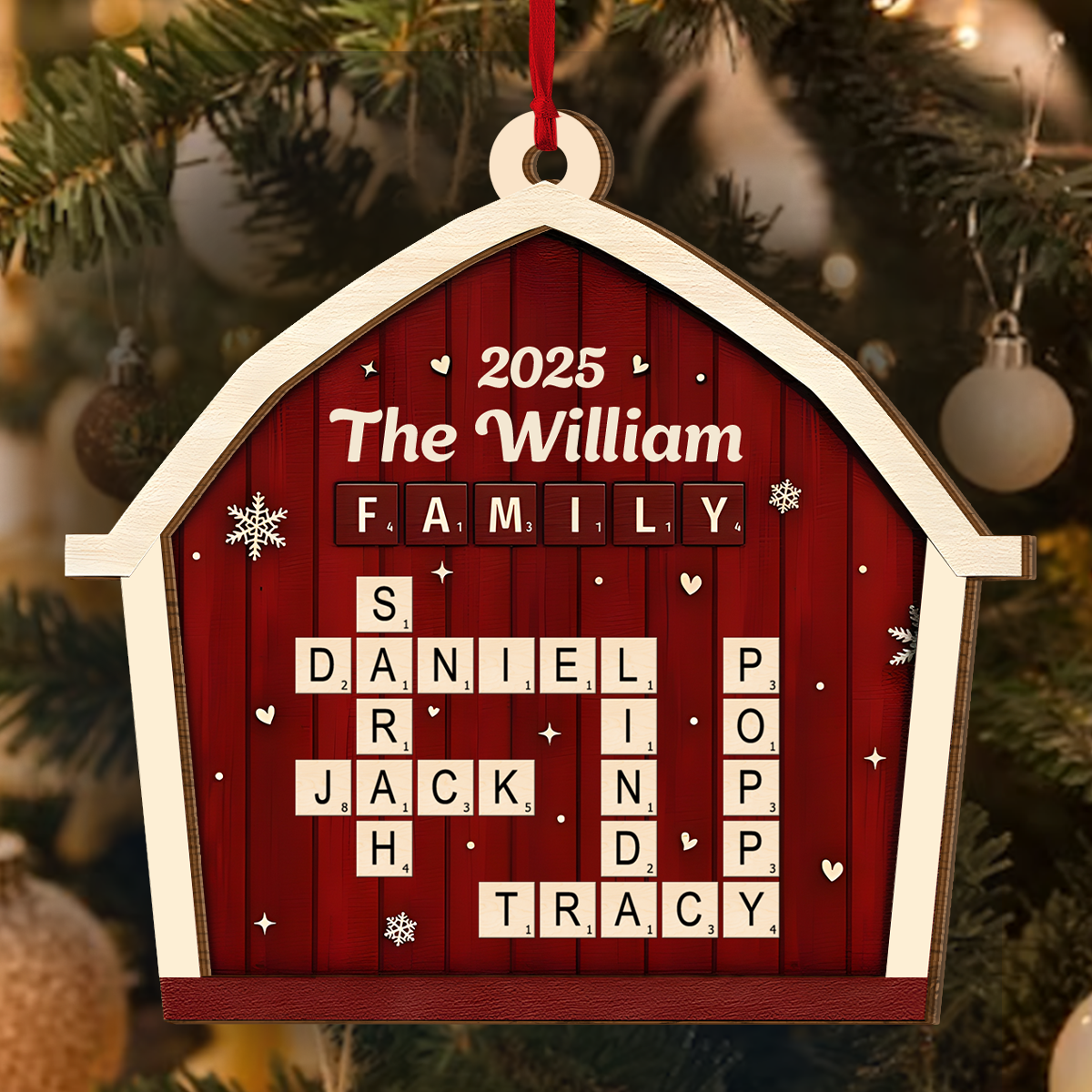 Family Crossword Barn - Personalized 2-Layered Wooden Ornament