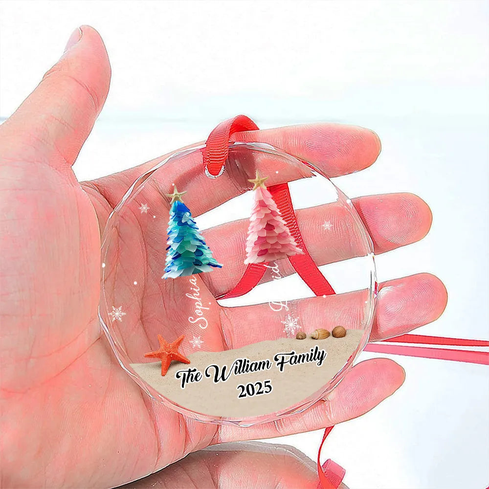Custom Crystal Ornament with Beach-Inspired Christmas Trees, Personalized Family Name Holiday Decor, Creative Christmas Gift for Loved Ones