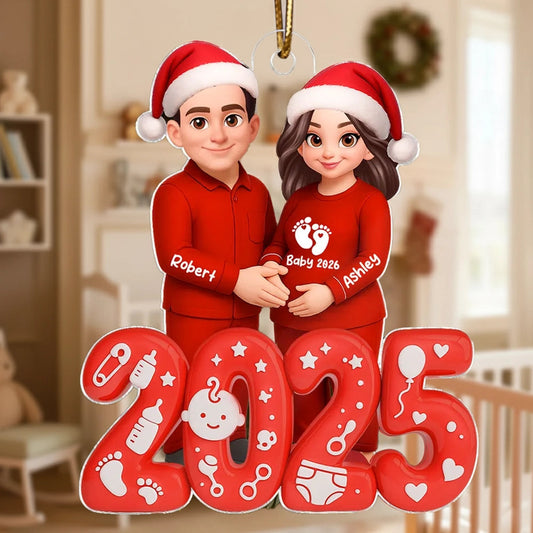 Acrylic Ornament for Expecting Parents - Personalized Santa-Hat Couple, Cozy Tree Keepsake, a unique gift for Mom-to-Be & Dad