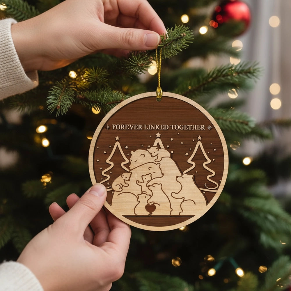 Wooden Ornament Bear Family, Customizable, for Christmas Tree or Nursery, rustic two-tone wood, unique gift for Parents