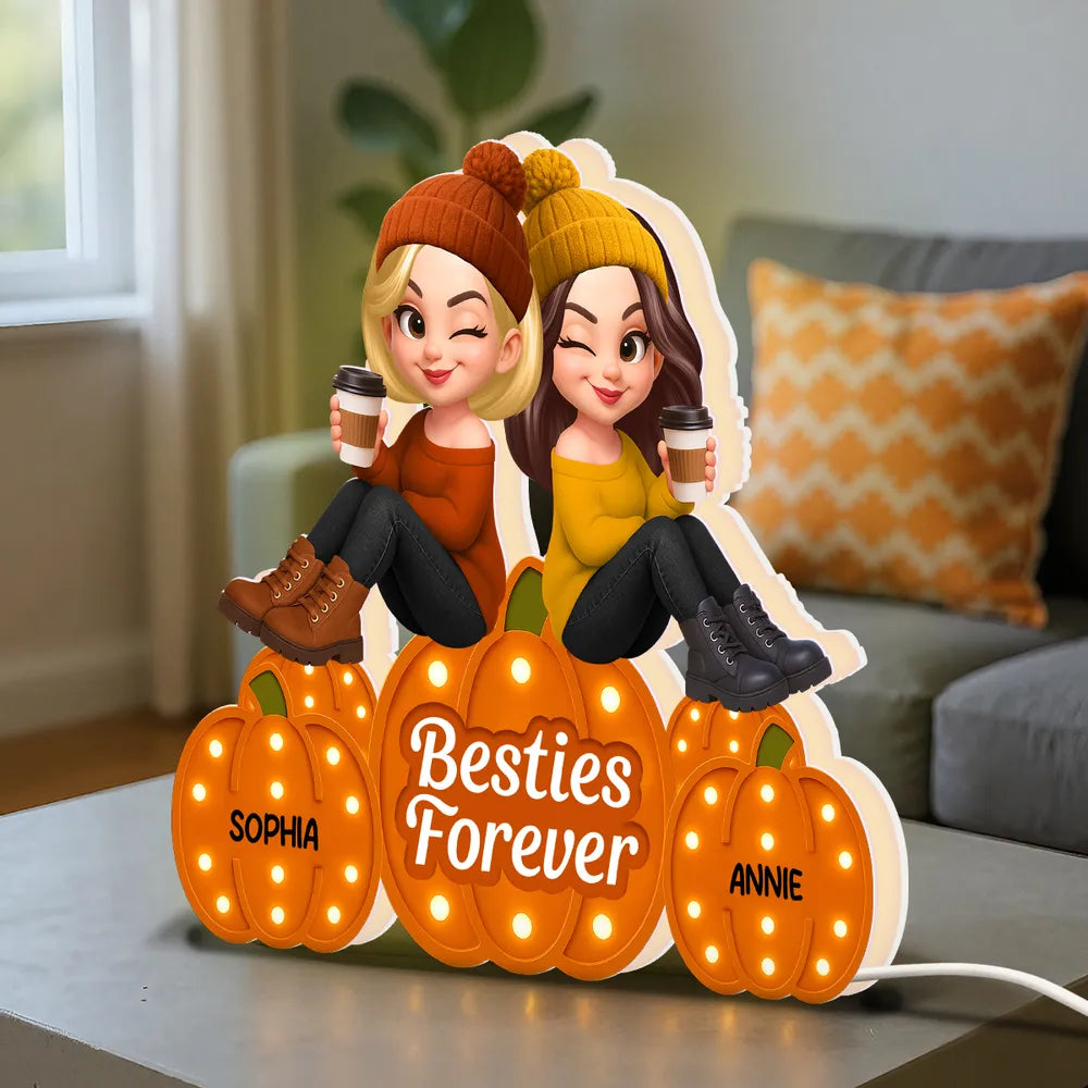 Besties Forever Acrylic Light Box with Pumpkin Marquee Glow, Sitting Friends, Cozy Fall Decor, a Unique Gift for Best Friend