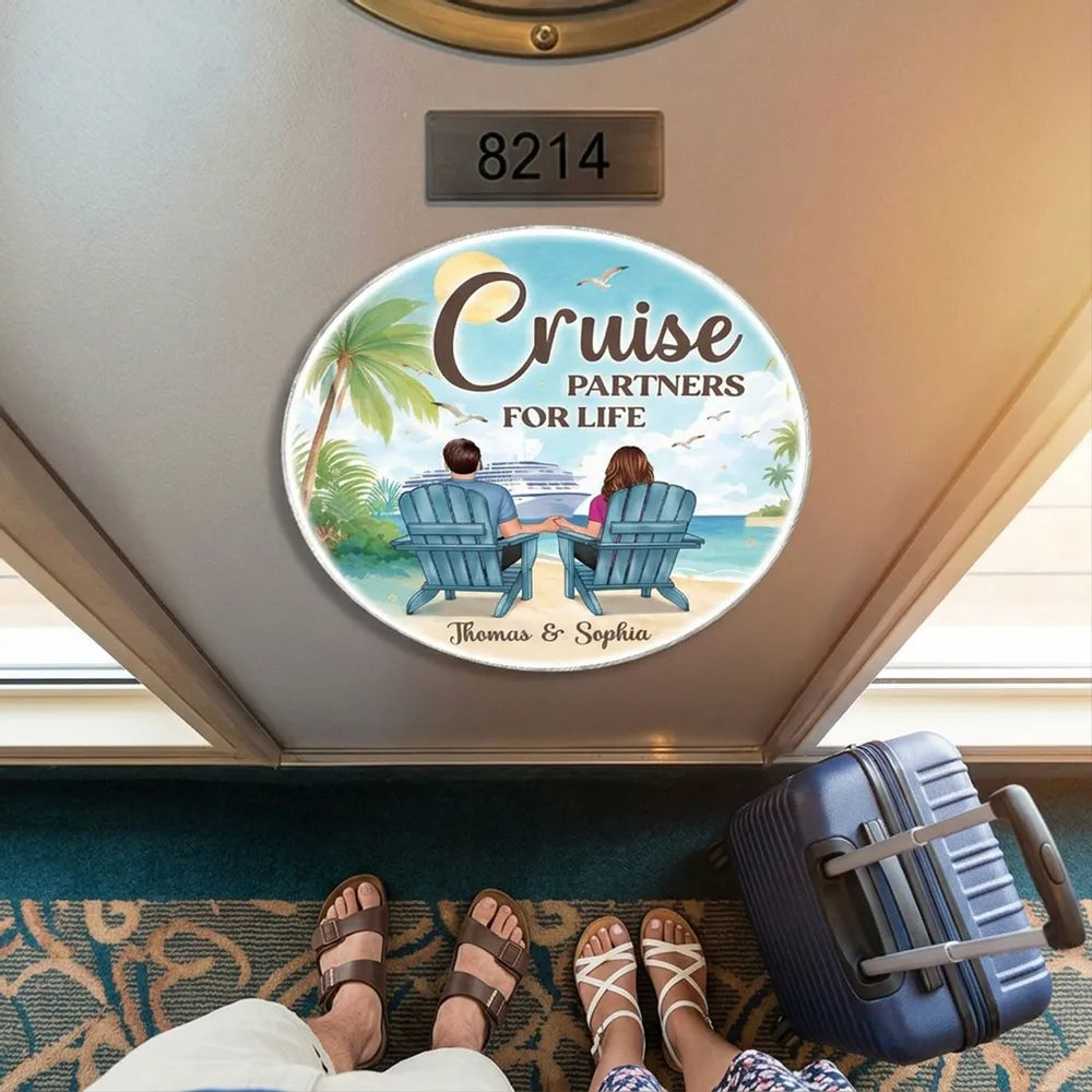 Personalized Acrylic Magnet, Cruise Partners For Life Couple Back View Beach Scene, Unique Cruise Door Gift