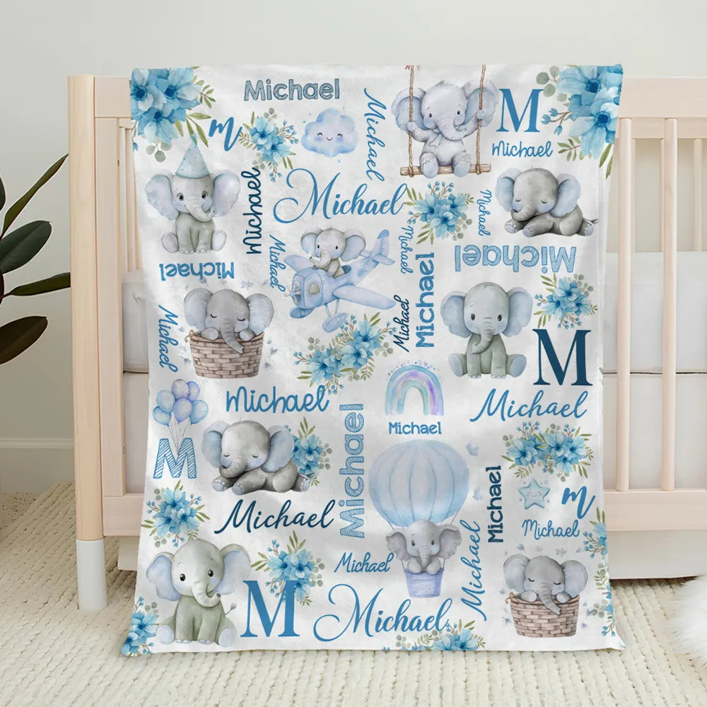 Custom Name Baby Fleece Blanket with Cute Pink Elephant Illustrations, Lightweight Cozy Throw, Adorable Personalized Gift