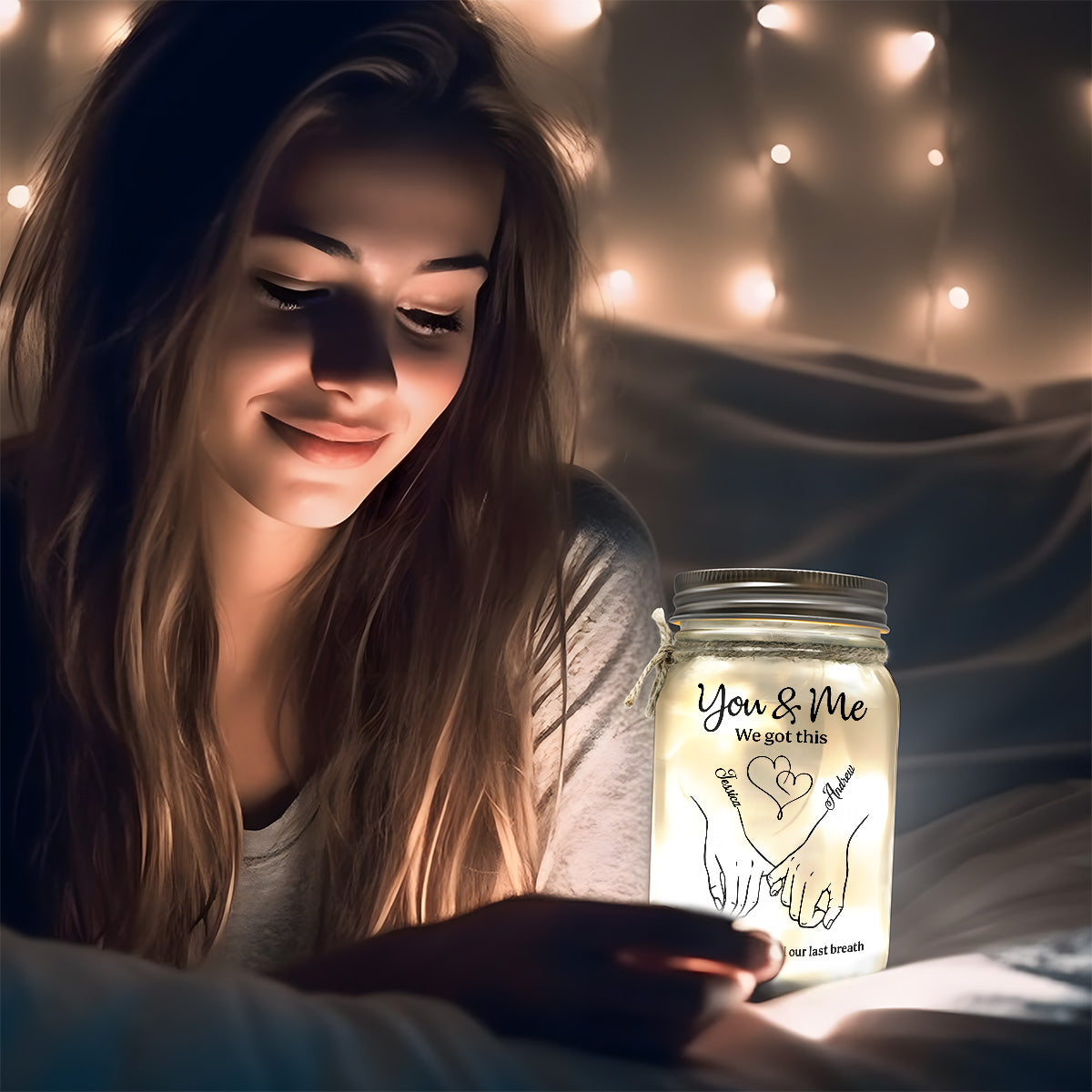 Personalized Glass Mason Jar Light for Couples with Hand-Holding Art, You & Me Romantic Quote, Unique Anniversary Gift