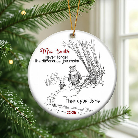 Custom Ceramic Ornament with Cute Walking Bear Illustration – Heartfelt Never Forget the Difference You Make Message – Sentimental Unique Gift for Someone Special