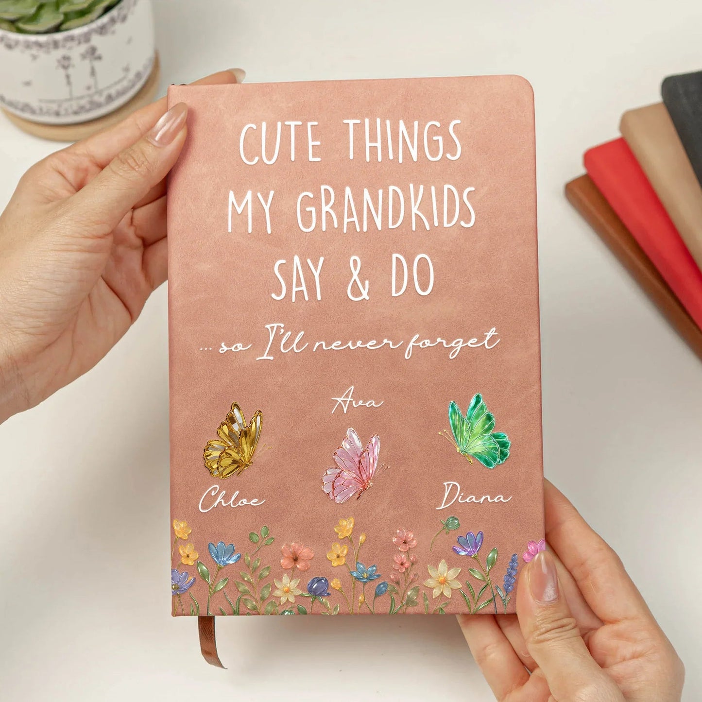 Personalized Leather Journal Cute Things My Grandkids Say & Do Butterfly Floral Design Unique Gift For Grandma