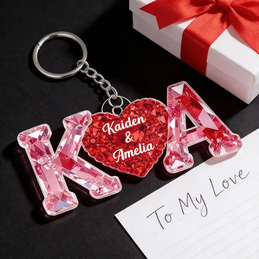 Personalized Heart Keychain with Initials and Names, Romantic Red Sparkle Anniversary Gift for Couples