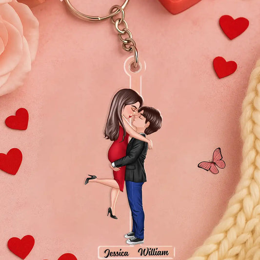 Personalized Acrylic Keychain for Couples, Silver Chain & Ring, Embrace Pose, Everyday Keepsake