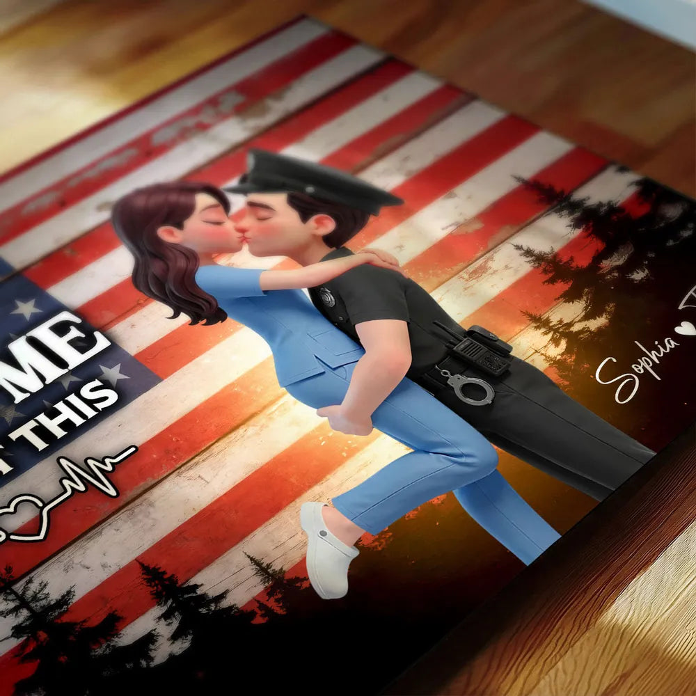 Personalized Poster of a Kissing Hero Couple on American Flag Background - Unique Gift for Couples to Say You & Me We Got This