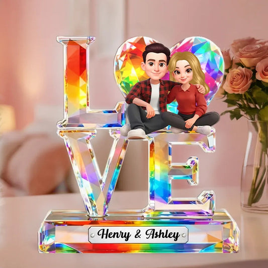 Personalized Shaped Acrylic Block Plaque LOVE with Heart & Cute Couple Sitting - Unique Valentine's Gift for Him or Her