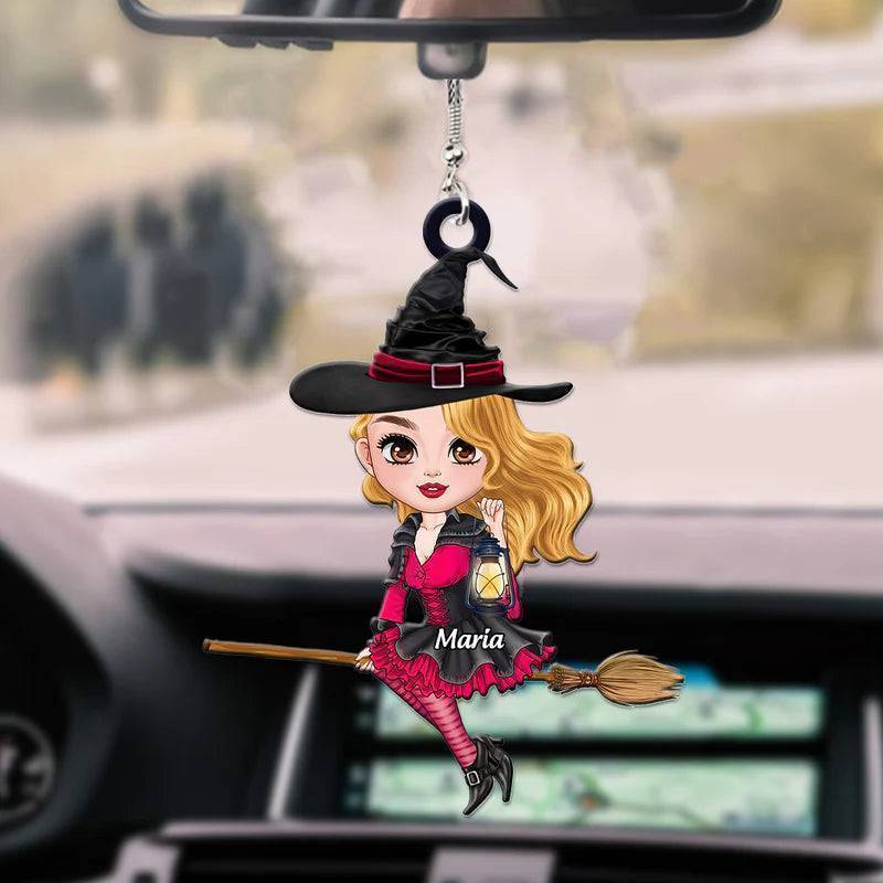Car Ornament - Witch Riding Broom - Personalized Halloween Gift