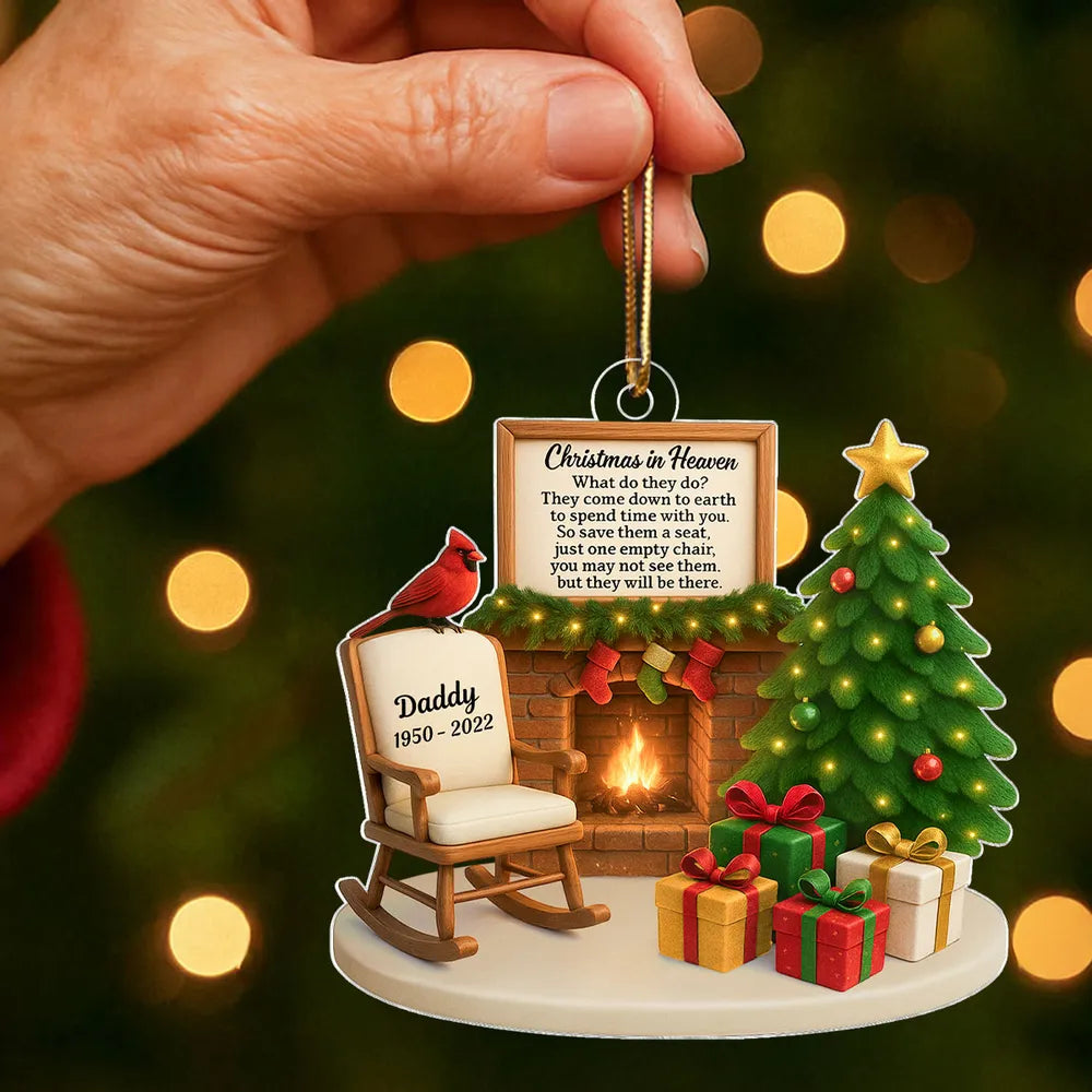 Memorial Acrylic Ornament featuring Christmas tree & fireplace, comforting remembrance décor, thoughtful gift for loved ones