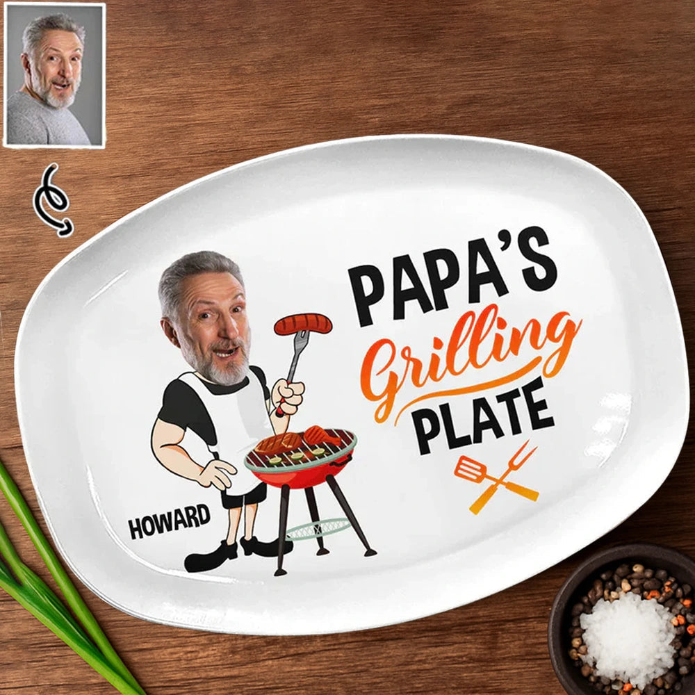 Personalized Grilling Plate for Grill Master Dad – Fun Cartoon BBQ Design, Unique Backyard Gift for Papa