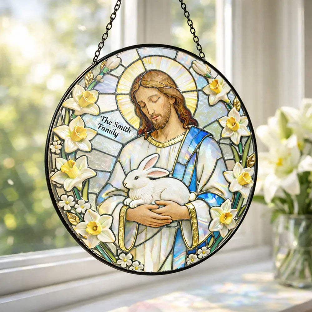 Personalized Jesus With Bunny Glass Suncatcher Ornament for Easter Window Display, Bright Colorful Light, Unique Religious Gift