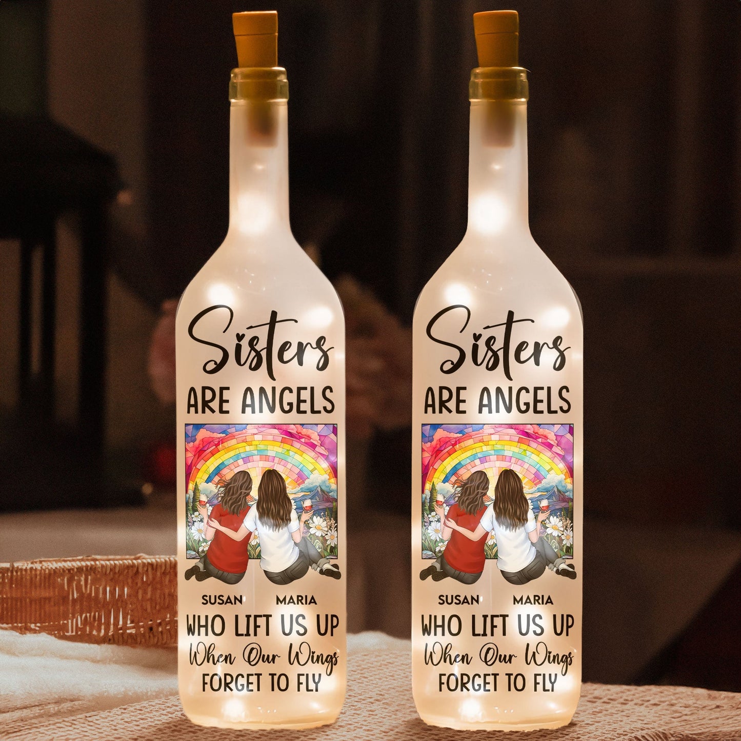 Bottle Lamp Sisters Are Angels design – warm decorative light with soft glow, meaningful home décor for shared memories, gift-ready for best friends and sisters