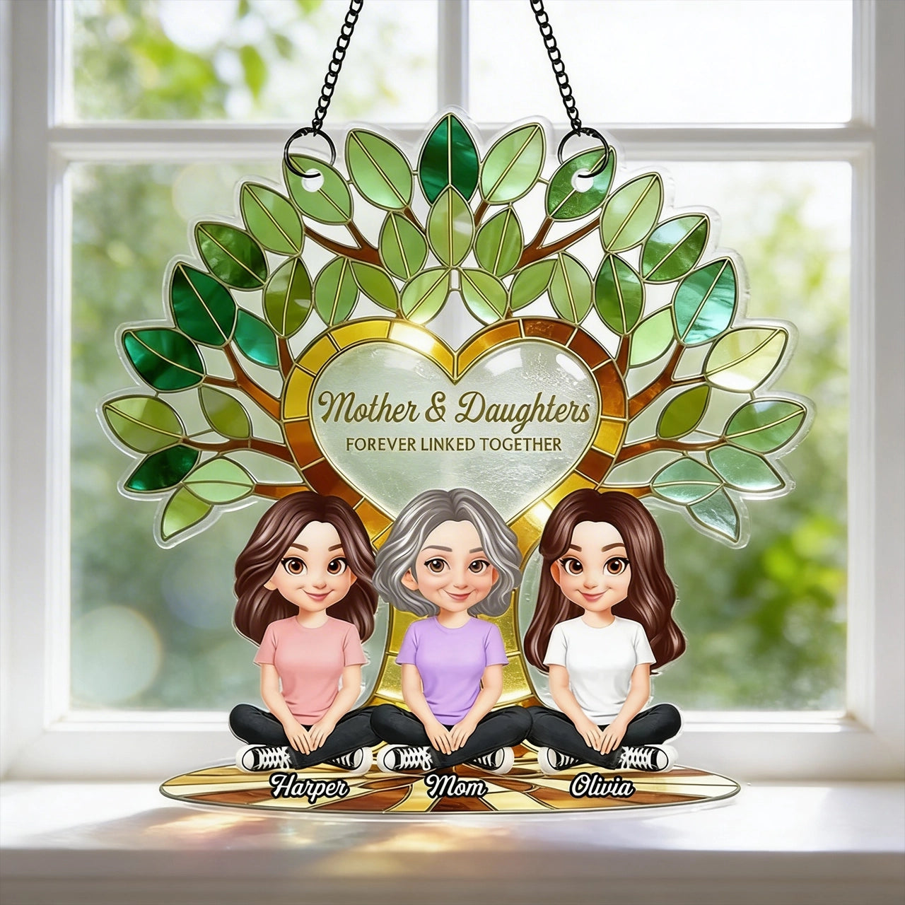Acrylic Suncatcher Ornament with Mother and Daughters Forever Linked Together - Personalized Sunlit Window Gift for Mom