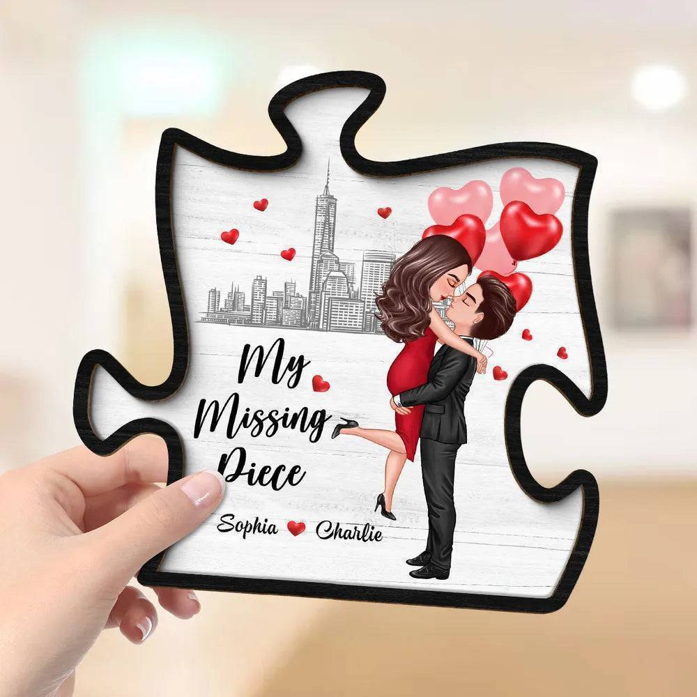 Heart's Embrace - 'My Missing Piece' Personalized Hugging Couple 2-Layer Wooden Plaque - Ideal for Valentine's & Anniversary