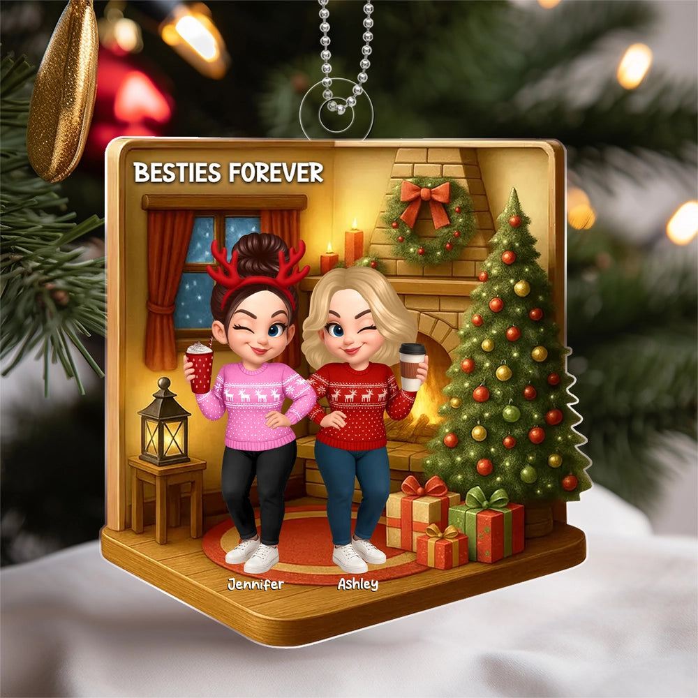 Custom Best Friends Christmas Ornament - Cozy Fireplace Design