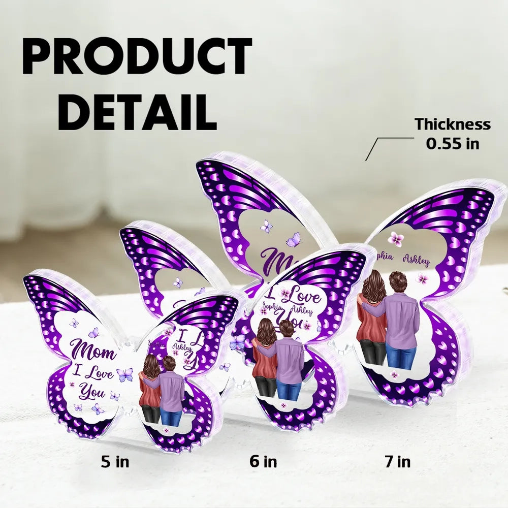 Personalized Butterfly Shaped Acrylic Block Plaque, Mom I Love You Gift, Hugging Mom & Daughter Keepsake for Shelf Decor