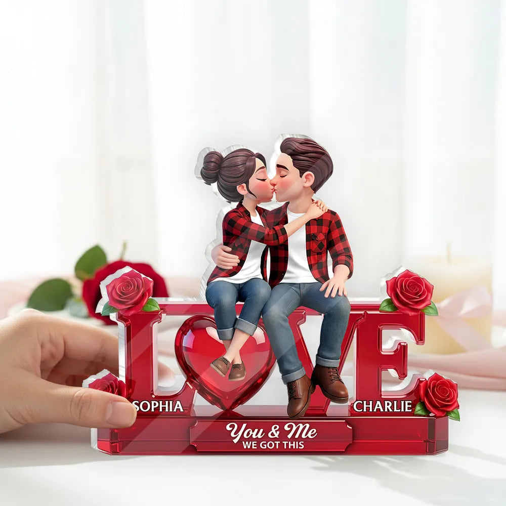 Personalized Shaped Acrylic Block Plaque with Kissing Couple on LOVE and Roses - Unique Romantic Gift for Him or Her