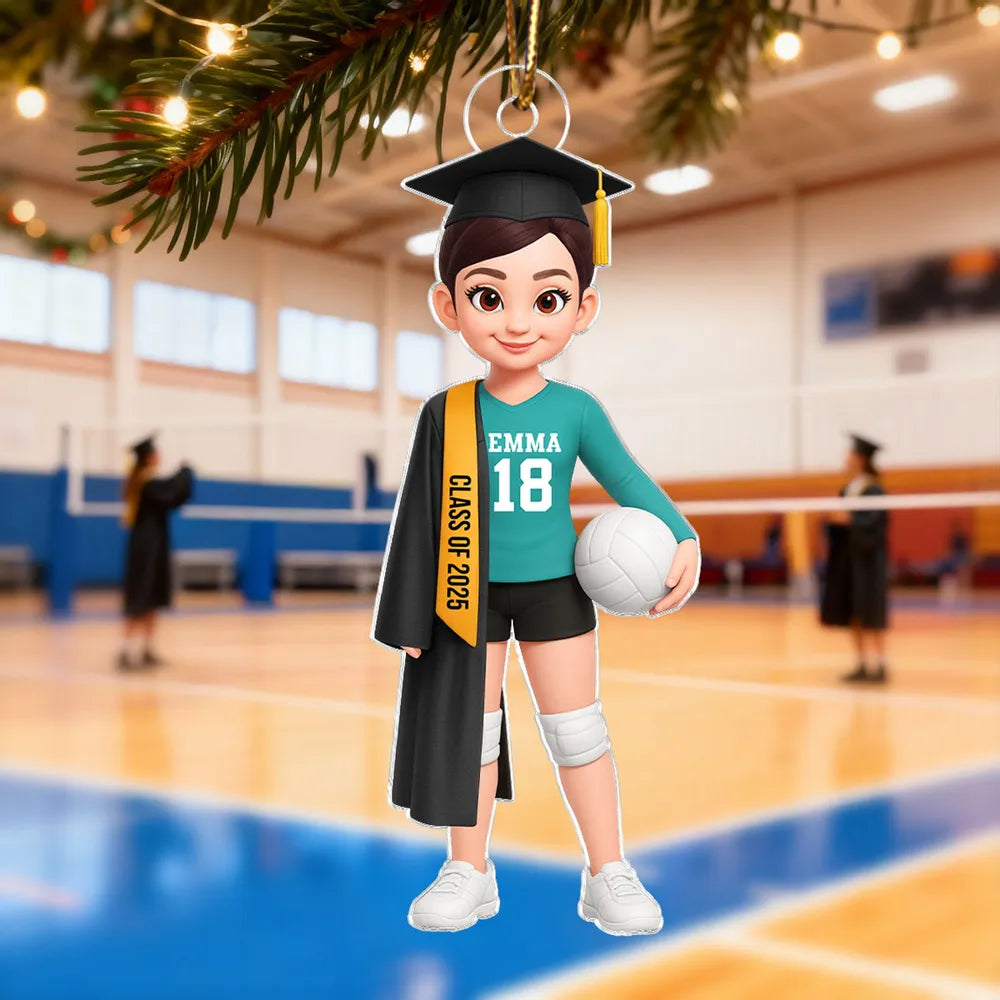 Graduation Volleyball Girl Acrylic Ornament with custom name & year, sporty keepsake gift for students and athletes