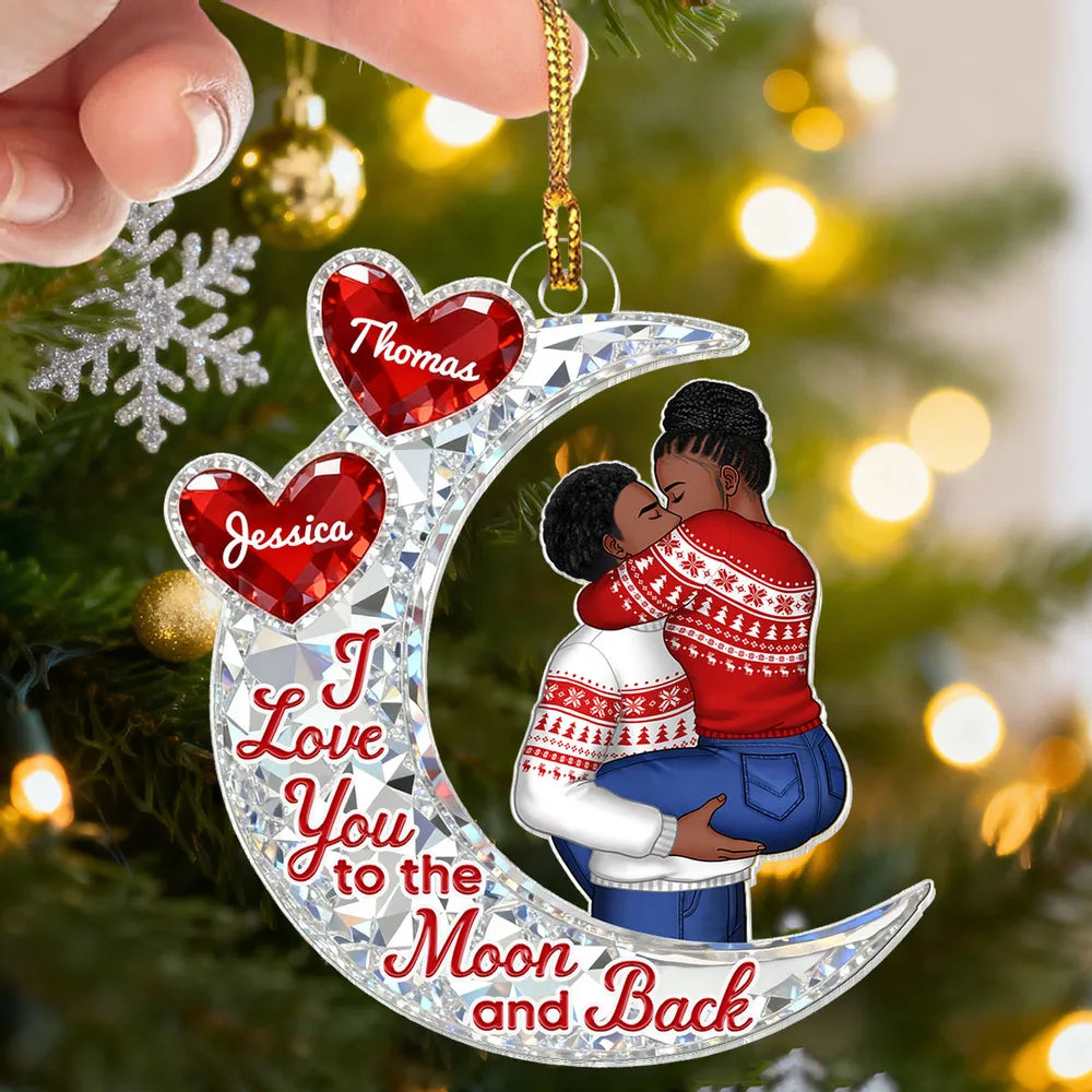 Custom Acrylic Ornament with Crescent Moon and Embracing Couple, Heartfelt From Our First Kiss Quote, Special Anniversary or Holiday Gift