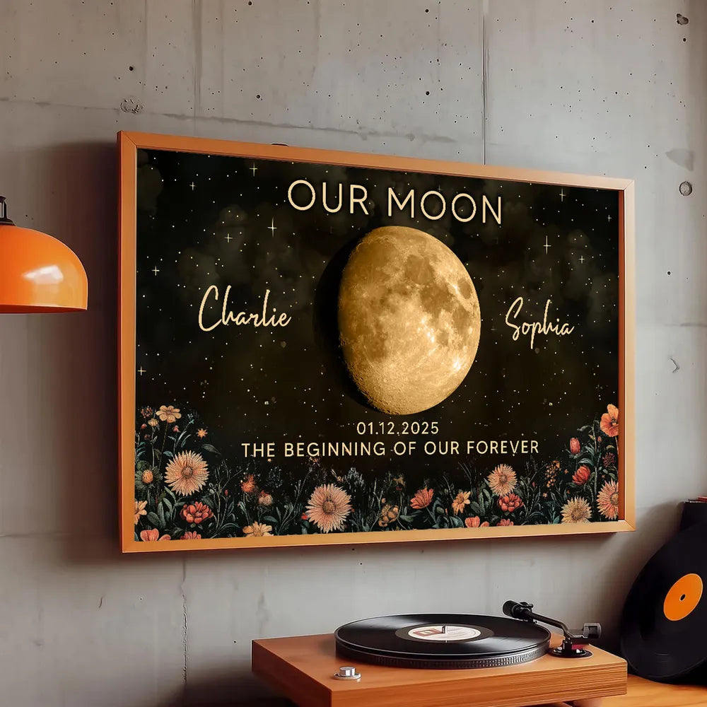 Personalized Moon Phase Poster Night Sky Floral Wall Art Unique Gift for Couple - Our Moon Keepsake Decor