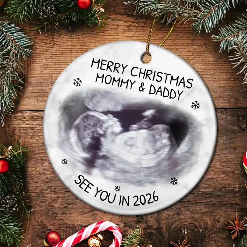 Christmas Ultrasound Ceramic Ornament for Mom and Dad, baby announcement keepsake for the tree, a heartfelt holiday gift.