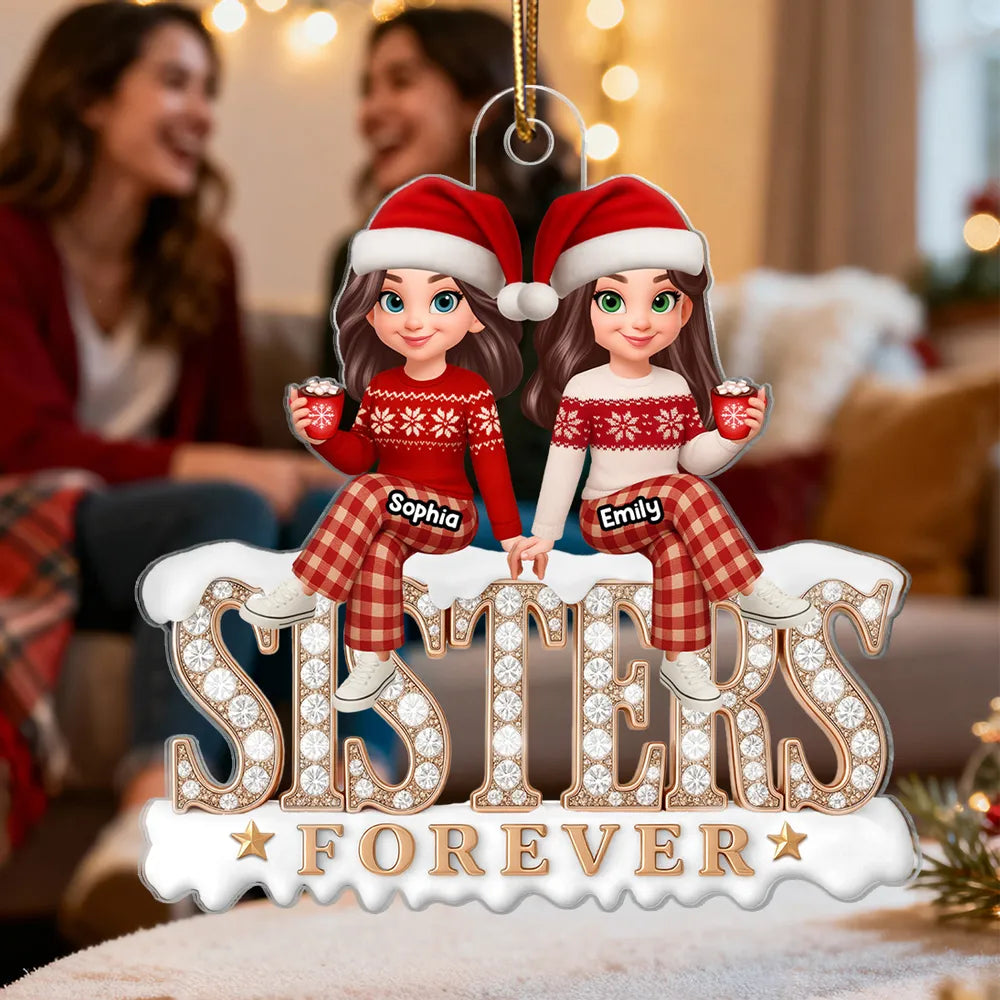 Sisters Forever Acrylic Ornament, Santa Hat Sisters with Cocoa, Christmas Tree Decor, unique gift for Sister