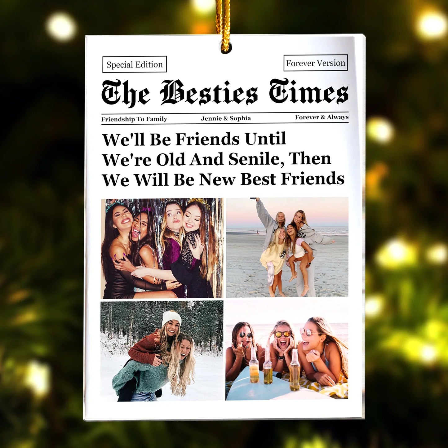 Personalized Acrylic Ornament for Best Friends – Newspaper Style Photo Acrylic Ornament, Unique Christmas Gift with Heartwarming Quote