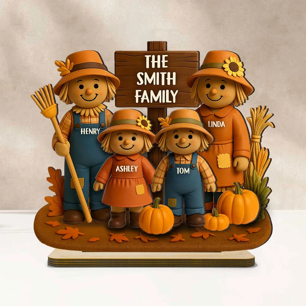 Personalized Scarecrow Family Wooden Plaque – Cozy Harvest Décor for Home