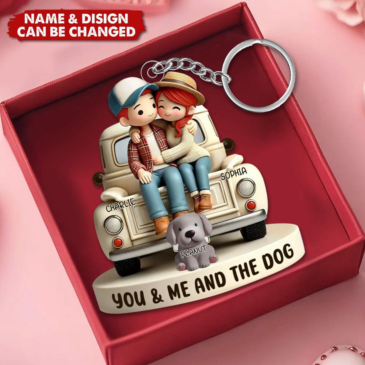 Couple and Pet Cartoon Acrylic Keychain – "You, Me, and the Pets" Personalized Gift