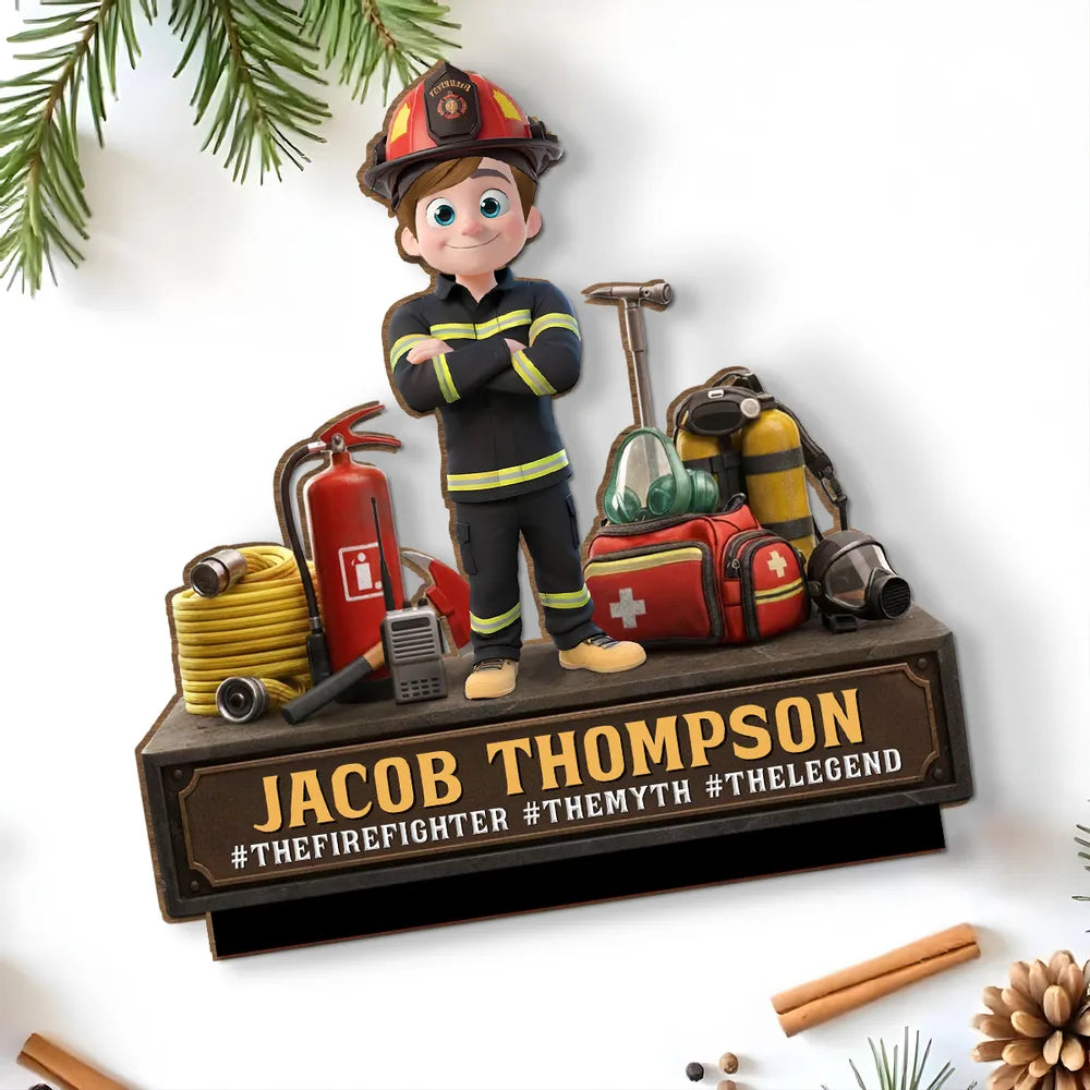 Personalized Firefighter 2-Layer Wooden Plaque, Cartoon Hero Gear Display, Unique Gift for Firefighters