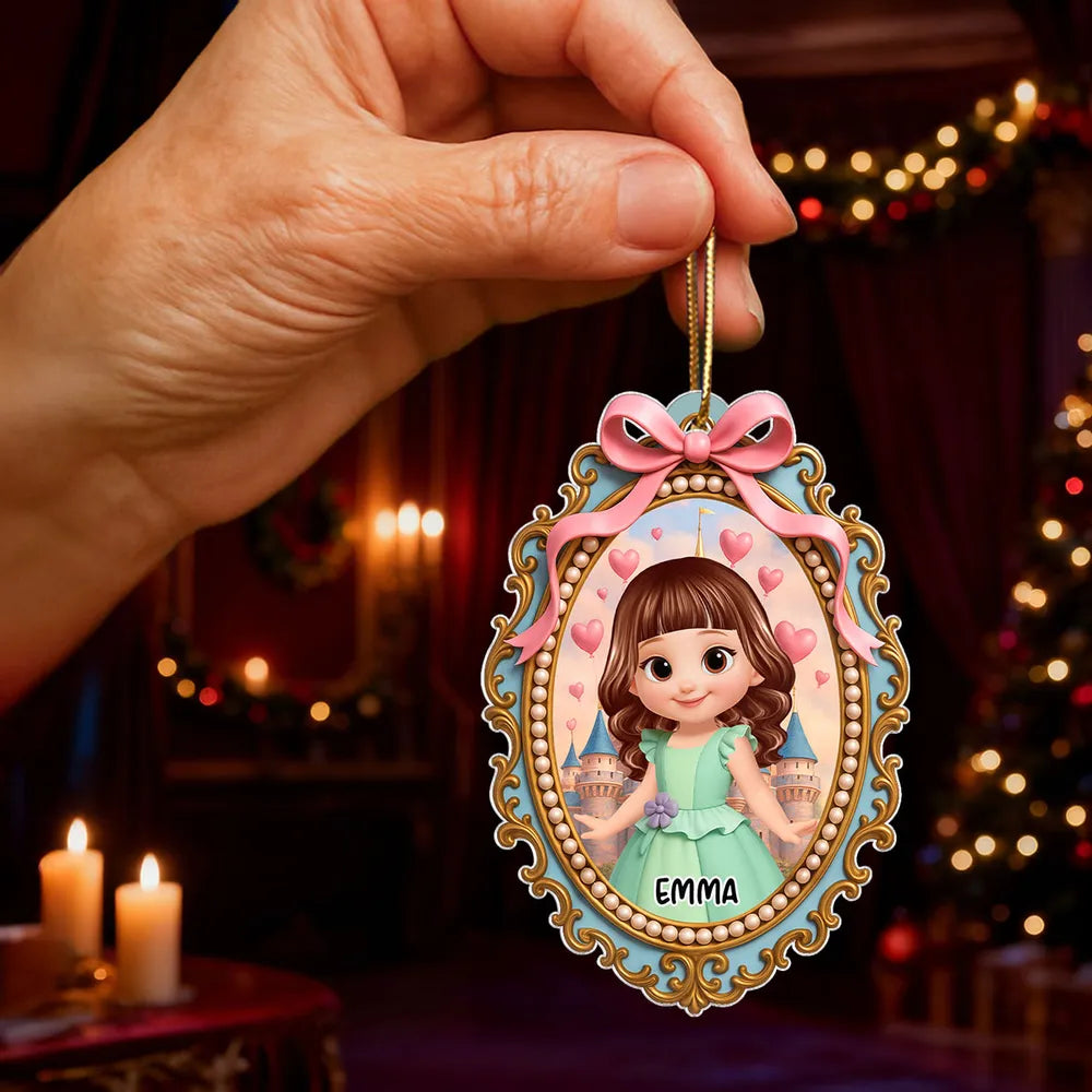 Acrylic Ornament with Princess Portrait and Pink Bow Frame, clear print and elegant detail, perfect gift for Kids or Christmas Décor