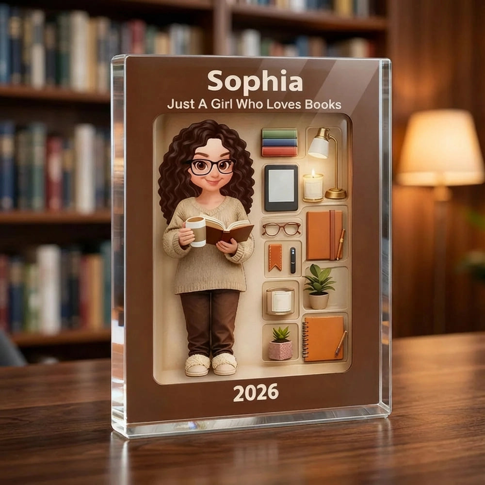 Personalized Rectangle Acrylic Block Plaque Book Lover Character Desk Decor, Cozy Reading Nook Style, Unique Gift for Readers
