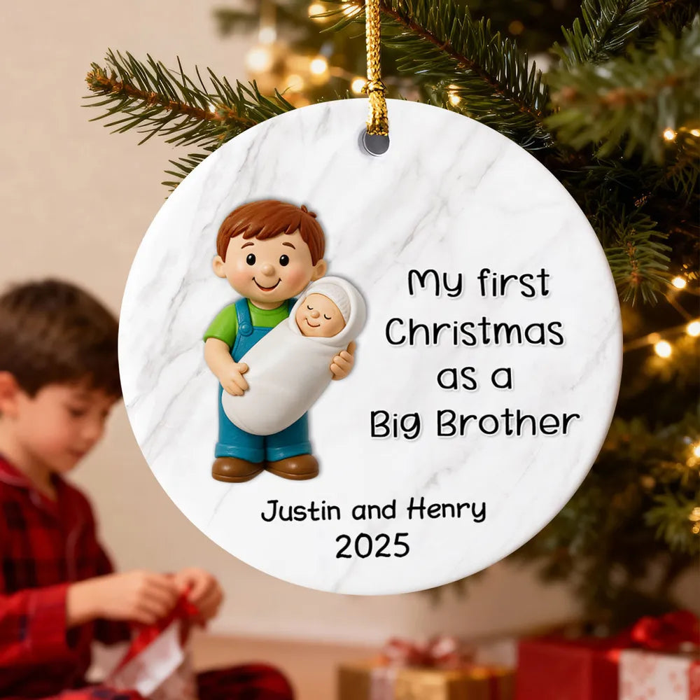 Personalized Big Brother Big Sister Ceramic Ornament celebrating first Christmas as a sibling, round ceramic holiday décor gift