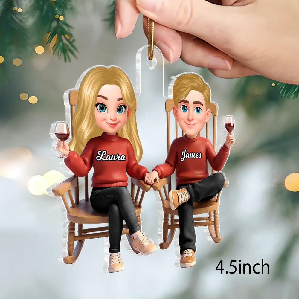 Personalized Acrylic Ornament Cartoon Couple Holding Hands in Rocking Chairs Unique Gift for Him & Her