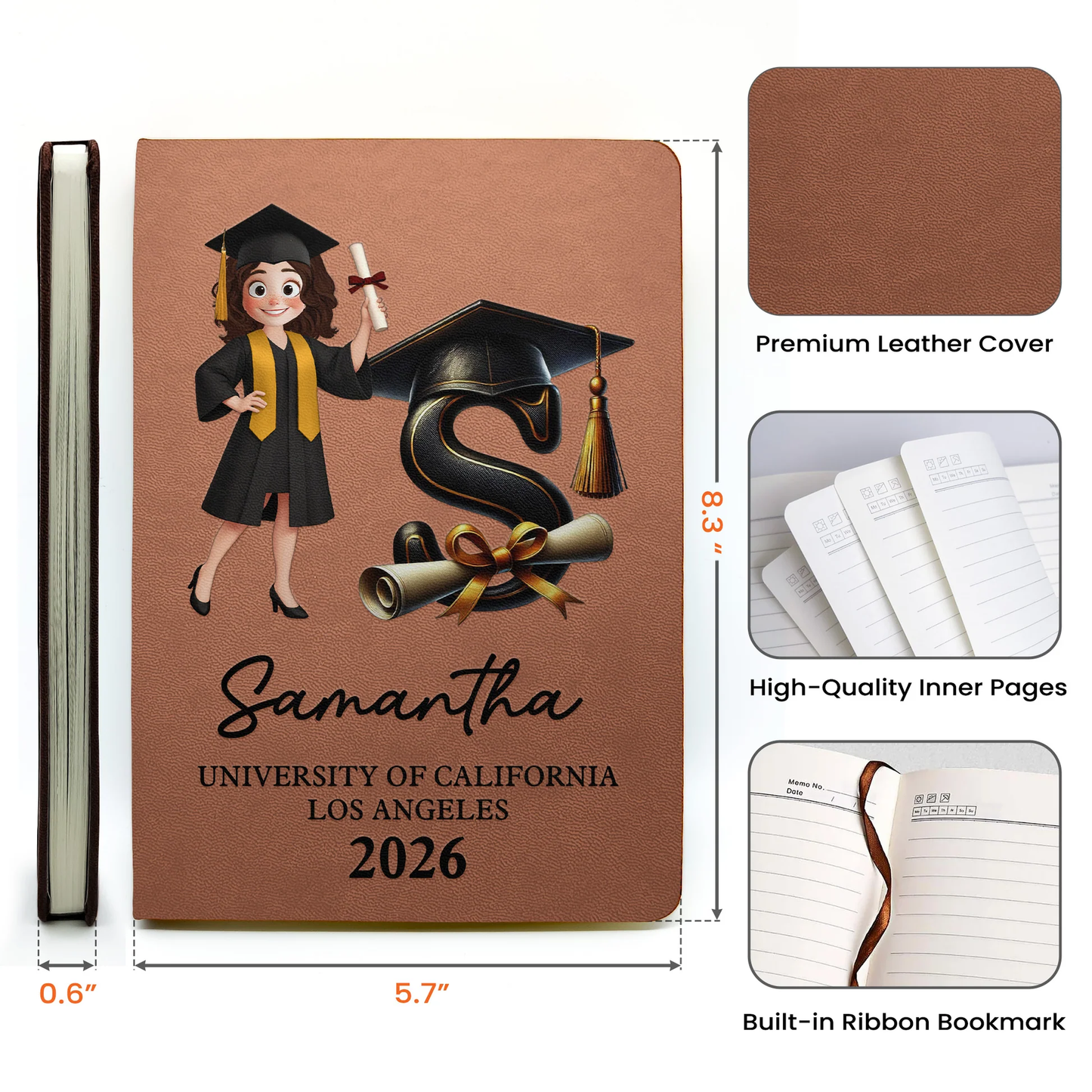 Personalized Graduation Cartoon Leather Journal With Initial, Cap & Diploma, Unique Gift For the Grad