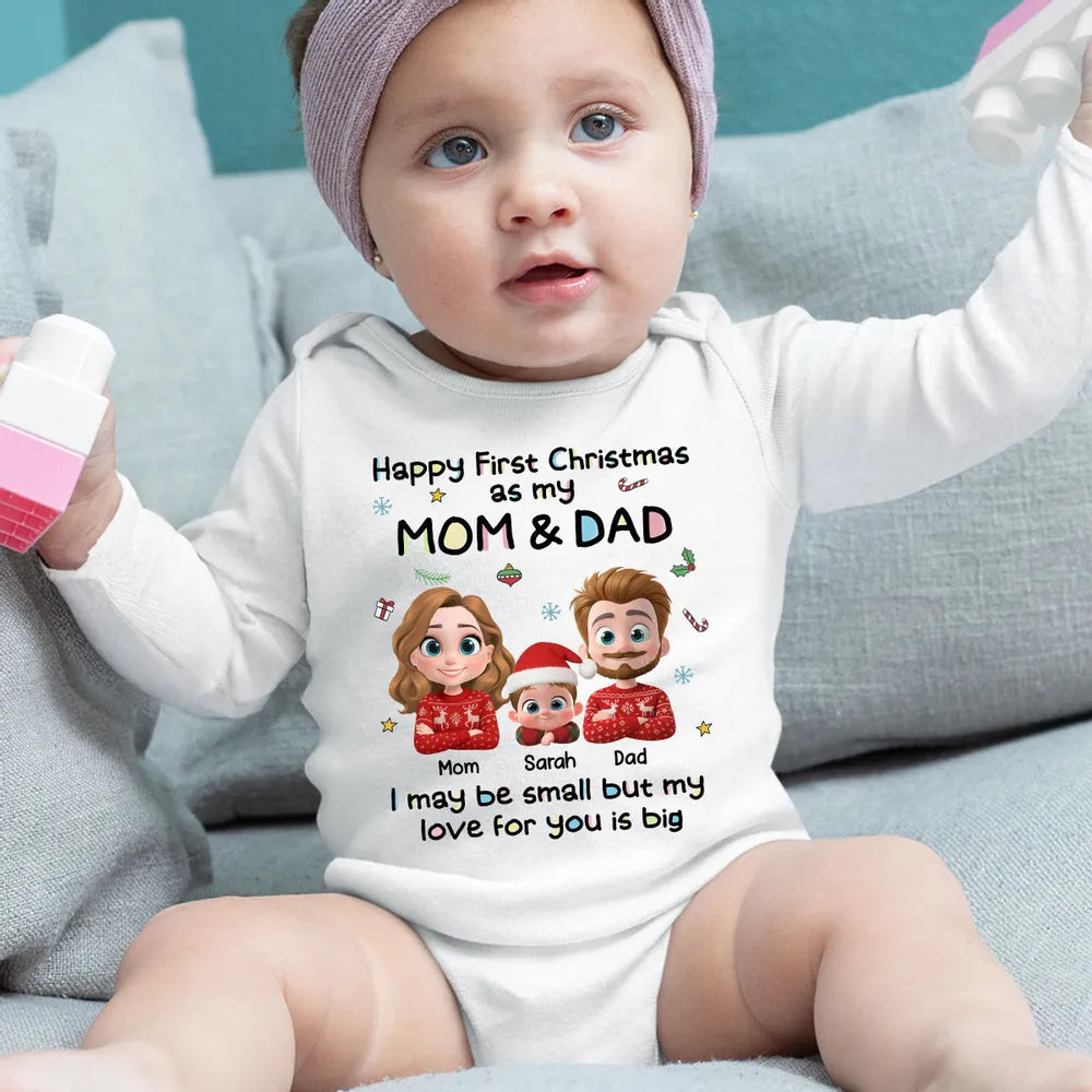 Custom First Christmas Long Sleeve Baby Onesie, Cute Mom Dad and Baby Illustration, Personalized Holiday Outfit and Heartwarming Newborn Gift
