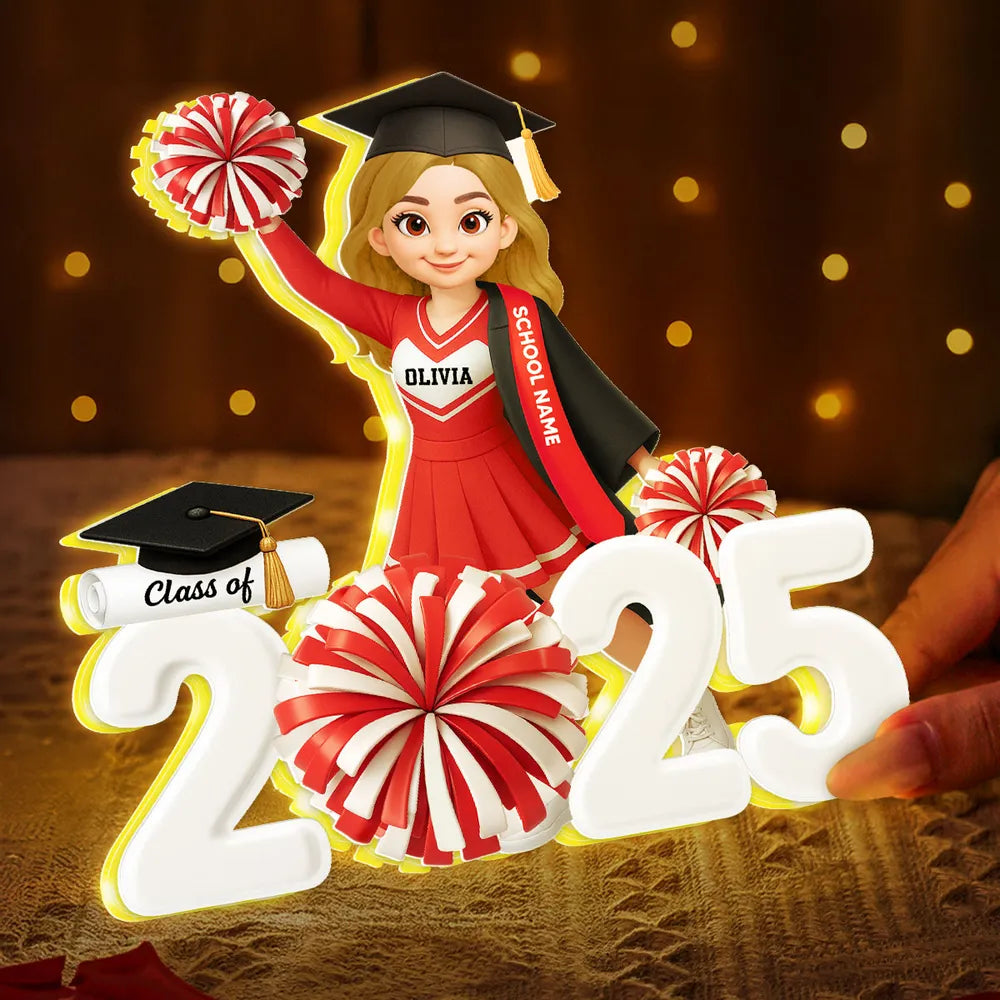 Personalized Acrylic Light Box Graduation Décor with Cheerleader Design & Warm Glow – Unique Gift for Class of Grad